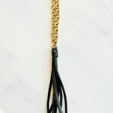 Black Leather Tassel Rolo Chain Necklace
