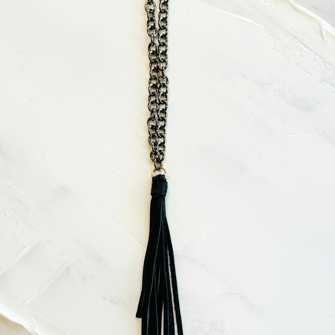 Gray Leather Tassel Rolo Chain Necklace
