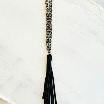 Gray Leather Tassel Rolo Chain Necklace