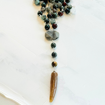 African Bloodstone Rosary Necklace in Silver, 8MM