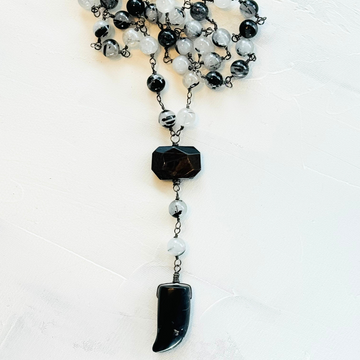 Rutilated Quartz Rosary Necklace in Gunmetal, 8MM