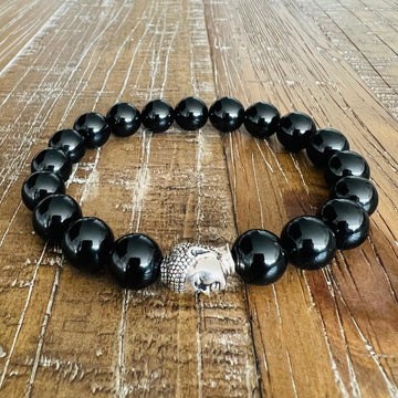 Onyx Agate Bracelet with Buddha Accent, 10MM