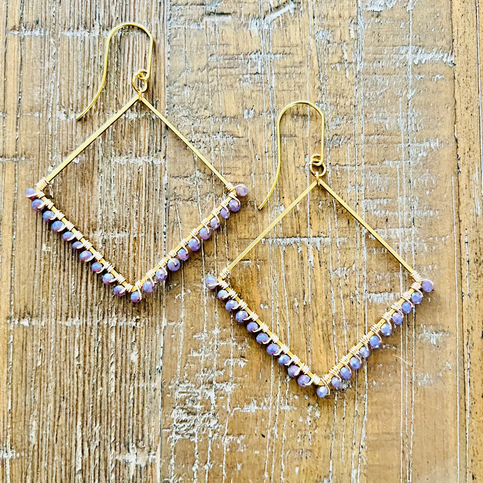 Lavender Chinese Crystal Earrings in Raw Brass, 40MM