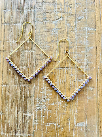 Lavender Chinese Crystal Earrings in Raw Brass, 40MM
