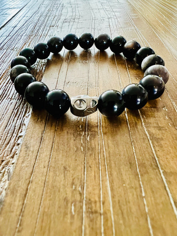 Obsidian Onyx Bracelet with Skull Accent in Gunmetal, 10MM