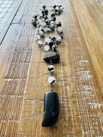 Rutilated Quartz Rosary Necklace in Gunmetal, 8MM