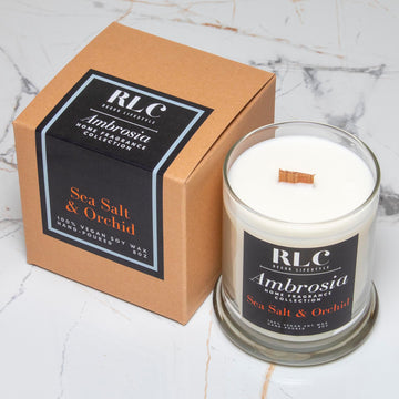 RLC Decor Lifestyle - Ambrosia Collection - Vegan Soy Sea Salt & Orchid Candle - A Chicago-based lifestyle brand. We provide 100% Handpoured Vegan Soy Candles for home & small office, travel candles, home decor, and jewelry.
